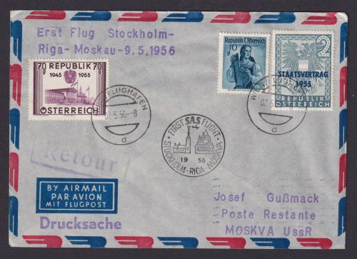 Flugpost Brief Air Mail SAS Erstflug Stockholm Riga Moskau Zuleitung Österreich