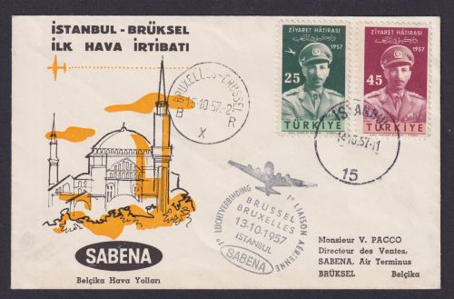 Flugpost Brief Air Mail Sabena Istanbul Brüssel Belgien 14.10.1957