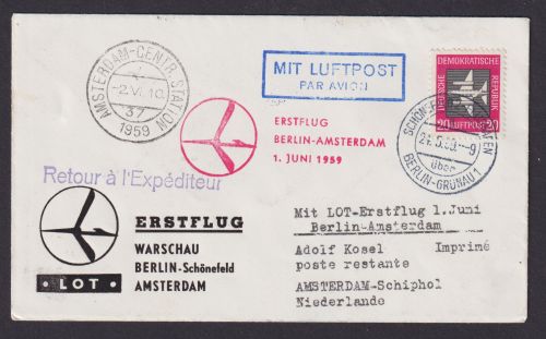 Flugpost Brief Air Mail LOT Erstflug Warschau Berlin Amsterdam Niederlande
