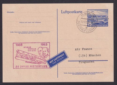 Flugpost Brief Air Mail Berlin Ganzsache mit SST 50 Jahre Motorflug Gebr. Wrigh