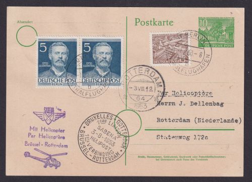 Flugpost Brief Air Mail Sabena Helikopter Brüssel Rotterdam Zuleitung Genazsache