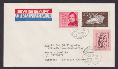 Flugpost Brief Air Mail Swissair DDR Zuleitung Schönefeld über Berlin Grünau