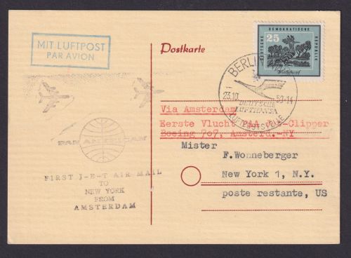 Flugpost Brief Air Mail Pan America Erstflug Amsterdam New York DDR Zuleitung