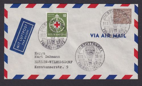 Ballon Flugpost Brief Air Mail tolle Privatganzsache Bauten mit 3 schönen SST