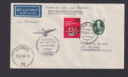Flugpost Brief Air Mail DDR Leipzig Brüssel Belgien Istanbul Türkei Sabena 1957