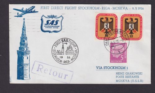 Flugpost Brief Air Mail Erstflug SAS Stockholm Riga Moskau Sowejtunion Zuleitung