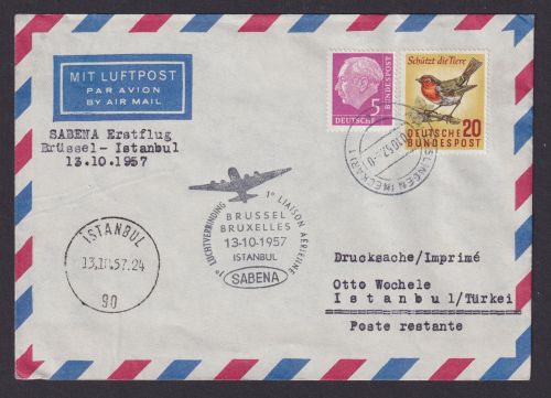 Flugpost Brief Air Mail Sabena Erstflug Brüssel Istanbul Zuleitung ab Esslingen