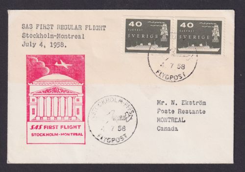 Flugpost Brief Air Mail Schweden SAS Erstflug Stockholm Montreal Kanada 4.7.1958