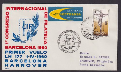 Briefmarken Flugpost Brief Spanien Philatelie Barcelona 1. Kongress CIF Hannover