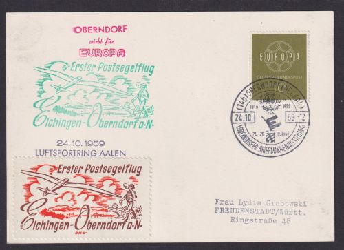 Flugpost Brief Air Mail tolle Sonderkarte 1. Postsegelflug Elchingen Oberndorf