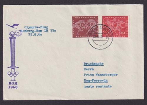 Flugpost Brief Air Mail Lufthansa LH 330 Olympia Flug Hamburg Rom Italien