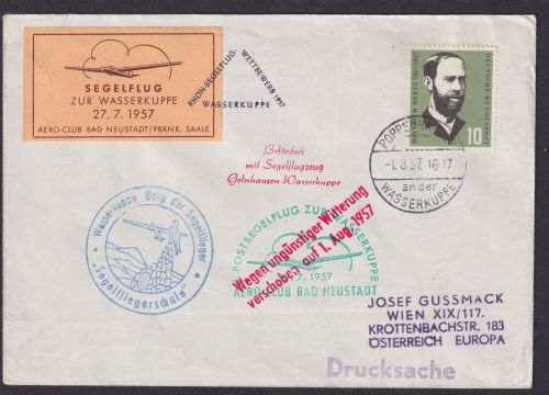 Flugpost Brief Air Mail Postsegelflug zur Wasserkuppe wegen ungünstiger