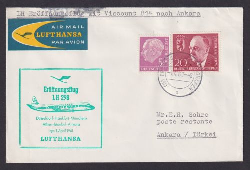 Flugpost Brief Air Mail Lufthansa Eröffnungsflug LH 298 Düsseldorf Ankara Türkei