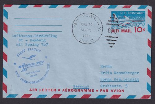 Flugpost Brief Air Mail Lufhansa Driektflug New York USA Hamburg Boeing 707
