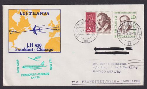 Flugpost Brief Air Mail Lufthansa LH 430 Frankfurt Chicago USA 6.5.1960
