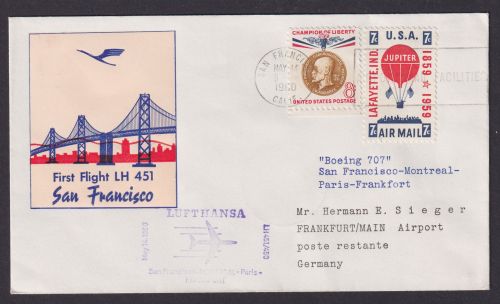 Flugpost Brief Air Mail Lufthansa Erstflug LH 451 San Francisco USA Paris