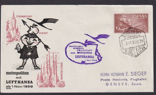 Flugpost Brief Air Mail Lufthansa Frankfurt Genf Schweiz Barcelona Spanien