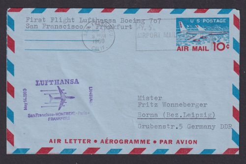 Flugpost Brief Air Mail USA Ganzsache Aerogramm Erstflug Lufthansa Boeing 707