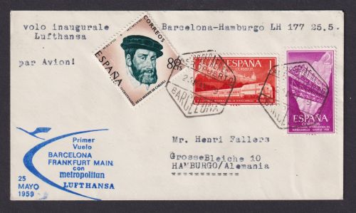 Flugpost Brief Air Mail Spanien Lufthansa Erstflug Barcelona Frankfurt n Hamburg
