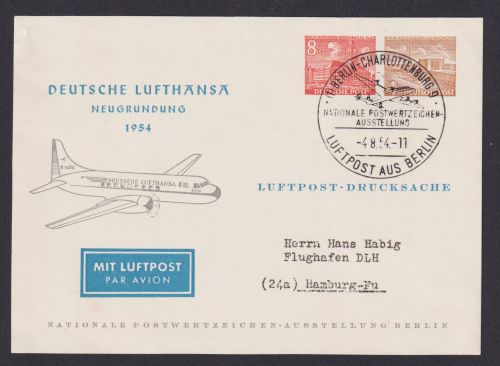 Flugpost Air Mail Berlin Lufthansa Privatganzsache 8+4 Pfg. Bauten SST