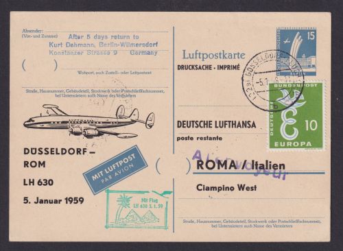 Flugpost Brief Air Mail Berlin Ganzsache Lufthansa LH 630 Düsseldorf Rom Italien