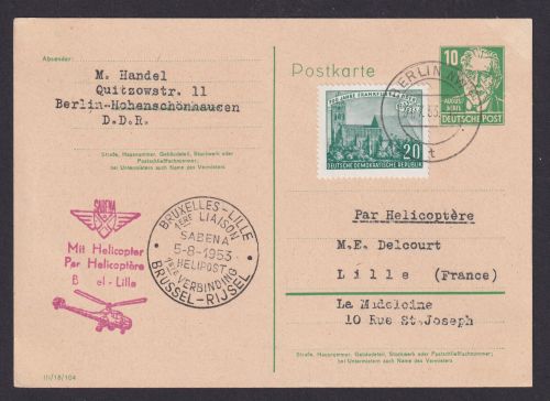 Helikopter Flugpost Brief DDR Ganzsache Köpfe Bebel Sabena inter. Zuleitung