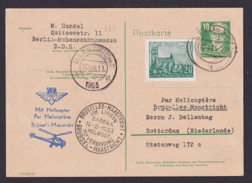 Helikopter Flugpost Brief DDR Ganzsache Köpfe Bebel Sabena inter. Zuleitung