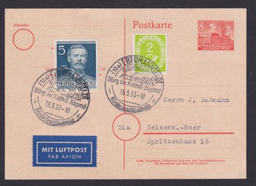 Flugpost Brief Air Mail Berlin Ganzsache Bauten + schöne ZuF Posthorn + Männer