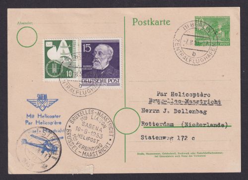 Helikopter Flugpost Brief Air Mail Berlin Ganzsache Bauten + schöne ZuF Posthorn