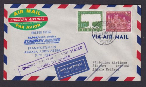 Flugpost Brief selt. Destination Ersflug Frankfurt Asmara Addis Abeba Eritea