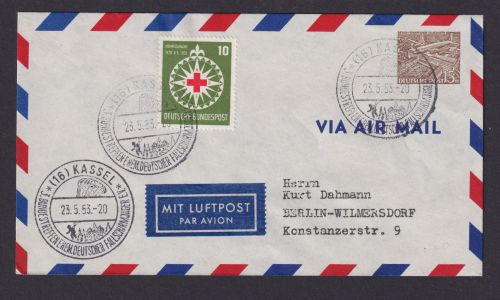 Flugpost Brief Air Mail Berlin Privatganzsache Bauten + ZuF Bund Dunant Kassel