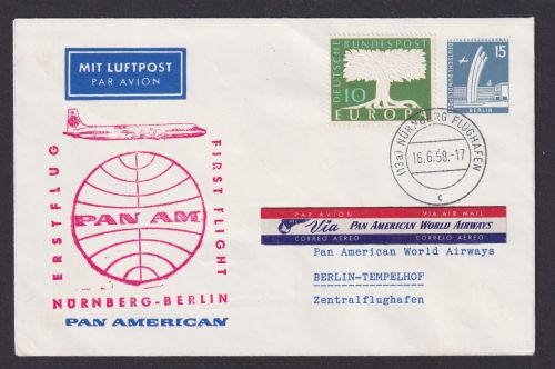 Flugpost Brief Air Mail Berlin Privatganzsache + Bund ZuF Pan American Erstflug