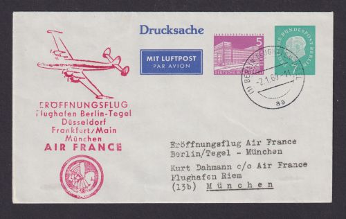 Flugpost Brief Air France Berlin Privatganzsache 2 WST Heuss + Bauten auf