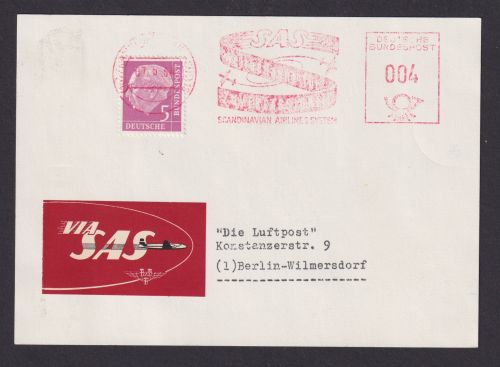 Flugpost Brief Air Mail Absenderfreistempel SAS 004 + ZuF Heuss Skandinavian