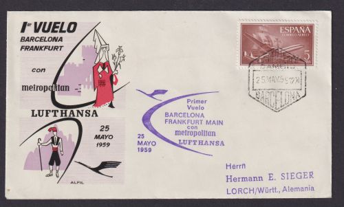 Flugpost Brief Air Mail Lufthansa Spanien Barcelona Frankfurt toller Umschlag