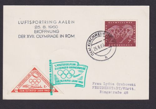 Flugpost Brief Air Mail Olympia Rom Italien Luftsporting Aalen + selt. Vignette