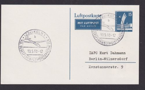 Flugpost Brief Air Mail Berlin Ganzsache Stadtbilder SST Köln VIII Segelflug