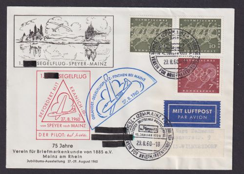 Flugpost Brief Air Mail Bund 1. Segelflug Speyer Finthen bei Mainz mit tollen