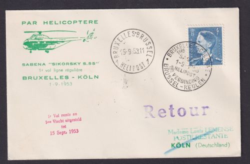 Helikopter Flugpost Brief Air Mail Sabena Sikorsky S.55 Brüssel Belgien Köln