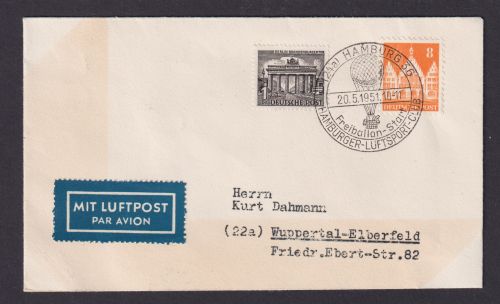 Ballon Flugpost Brief Air Mail Hamburg Luftsport Club MIF Bizone Bauten Berlin