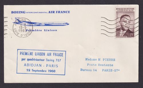 Flugpost Brief Air Mail Air France Cote d' Ivoire Elfenbeinküste Boeing 707