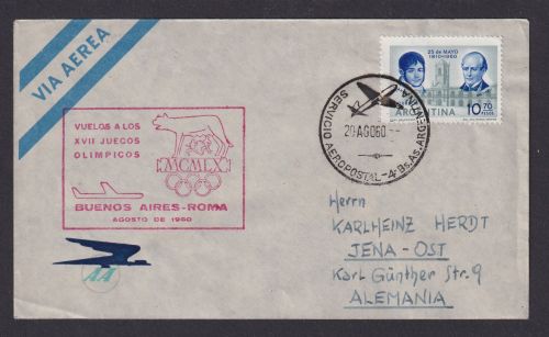 Flugpost Brief Air Mail Argentinien Buenos Aires Rom nach Jena AA Aerolineas