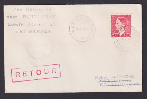 Helikopter Flugpost Brief Air Mail Antwerpen Belgien Rotterdam Niederlande roter