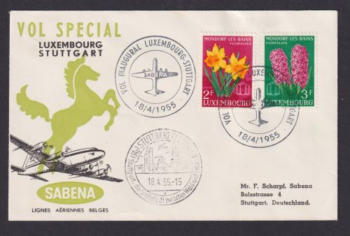 Flugpost Brief Air Mail Luxemburg Sabena nach Stuttgart mit tollen SST 18.4.1955