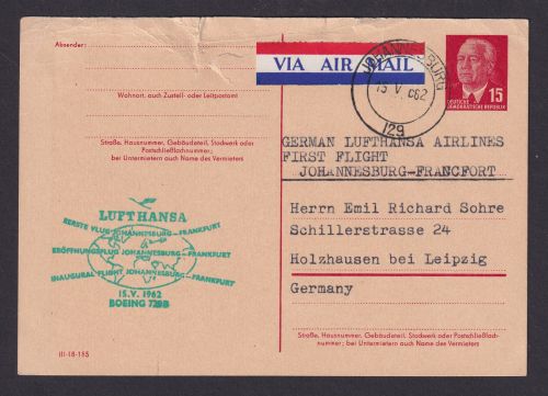 Flugpost Brief Air Mail DDR Ganzsache P 65 a ab Johannesburg Frankfurt weiter