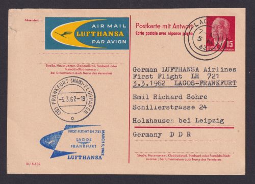 Flugpost Brief Air Mail DDR Ganzsache P 65 a F Lagos Frankfurt Lufthansa nach
