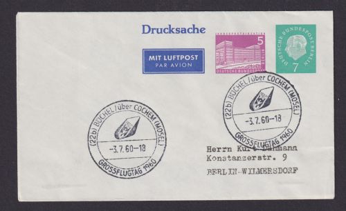 Flugpost Brief Air Mail Berlin Privatganzsache WST Heuss + Bauten Büchel Cochem
