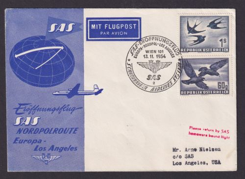 Flugpost Brief Air Mail Österreich schöne Frankatur Vögel SAS Eröffnung Nord -