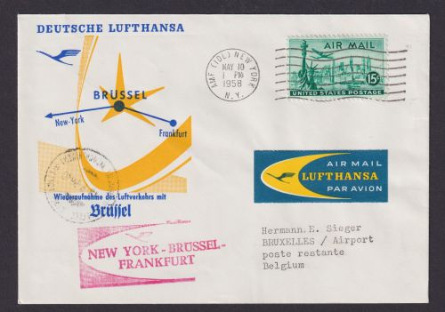 Flugpost Brief Air Mail New York USA Brüssel Belgien Lufthansa 1958
