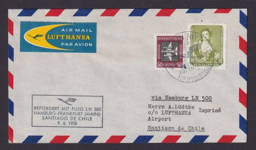 Flugpost Brief Air Mail DDR Berlin Hamburg Frankfurt Santiago de Chile 1958